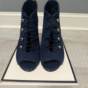 White House Black Market Navy Lace Up Peep Toe Boots - Peyton - Size 7.5